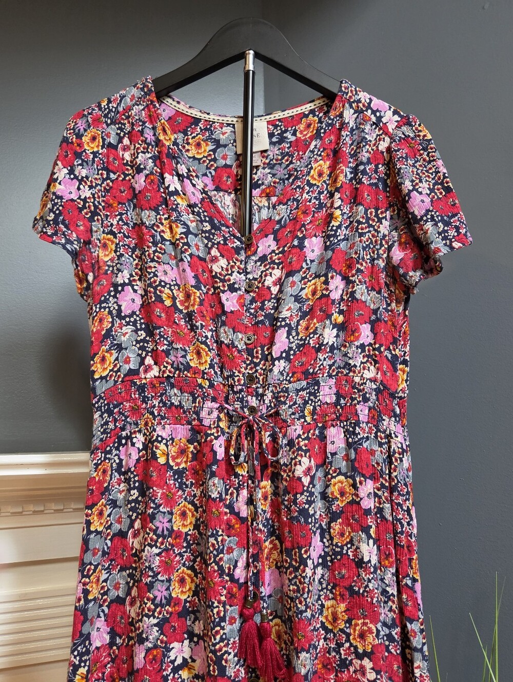 Floral Boho Dress, Tassel Tie Button Front Short Sleeve Size Medium